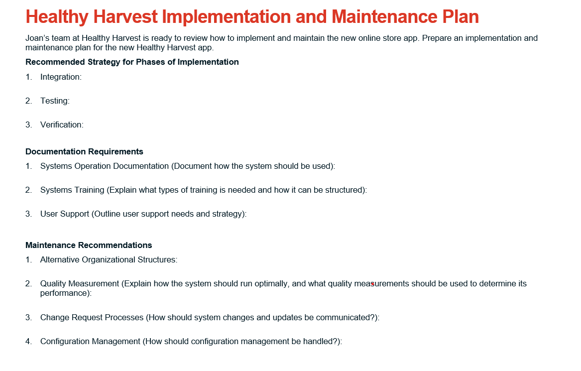 Use the Healthy Harvest Implementation and Maintenance Plan Template to prepare a