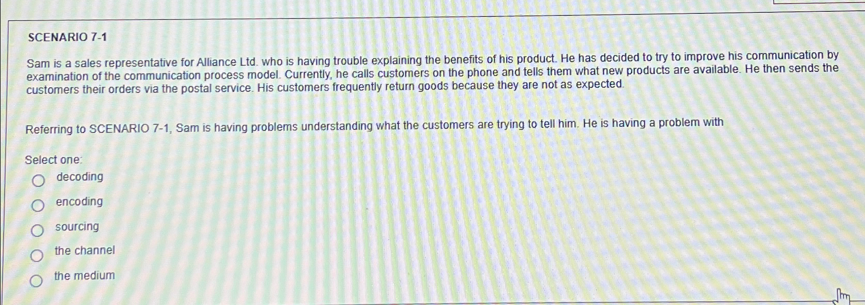 SCENARIO 7-1 Sam is a sales representative for Alliance Ltd. who