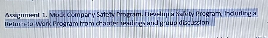  Assignment 1. Mock Company Safety Program. Develop a Safety Program, including