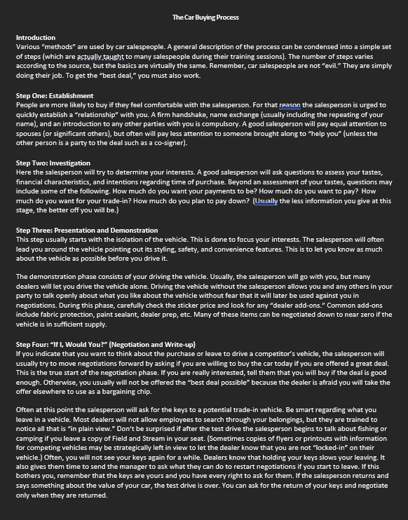 Read The Car Buying Process and write a four or five sentence