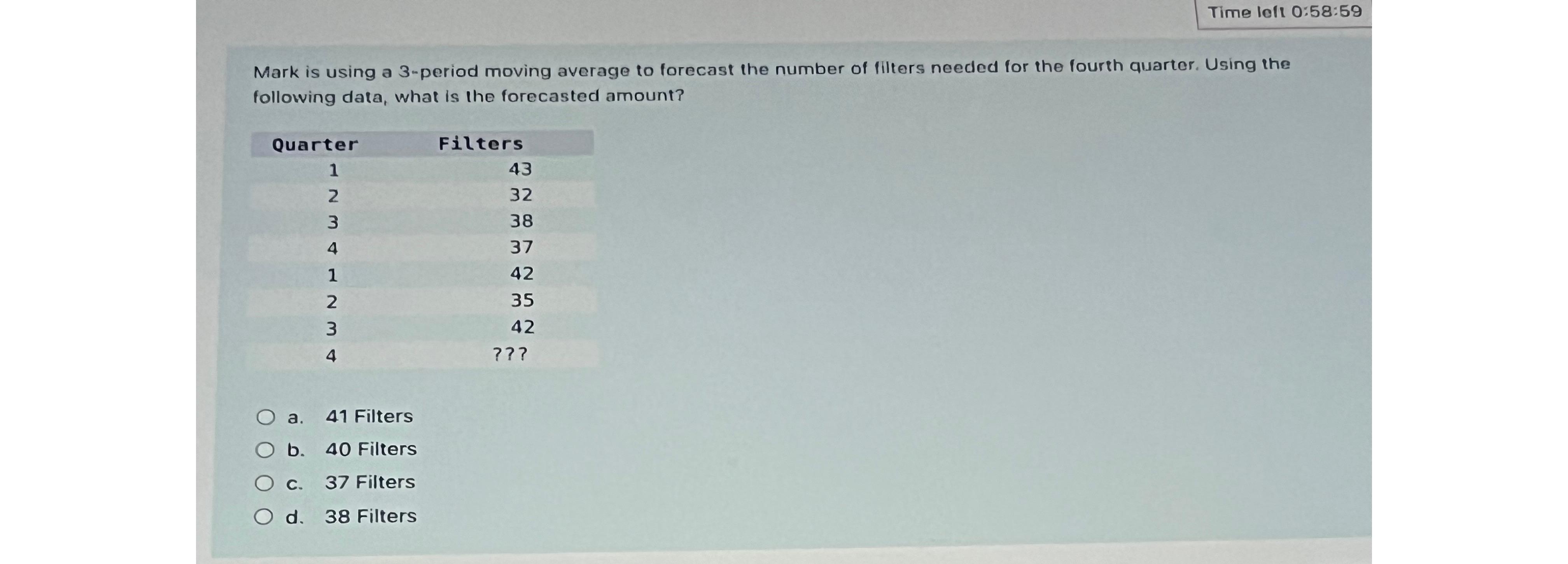  Time lofl 0:58:59 Mark is using a 3-period moving average to