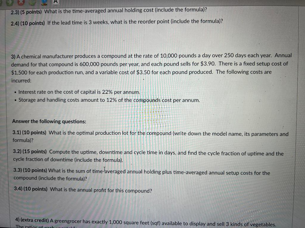 2.4) (10 points) If the lead time is 3 weeks, what