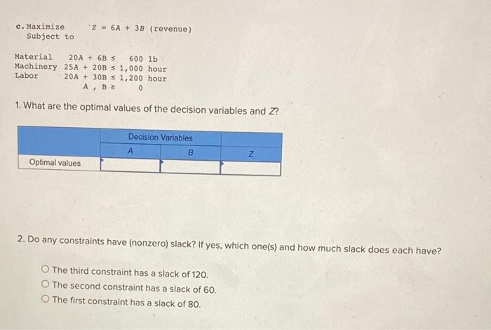 variables and Z ? 2. Do any constraints have (nonzero) slack? If