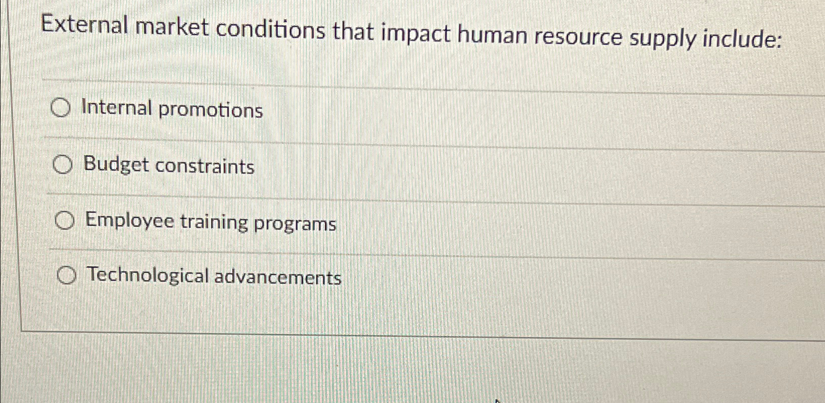  External market conditions that impact human resource supply include: Internal promotions