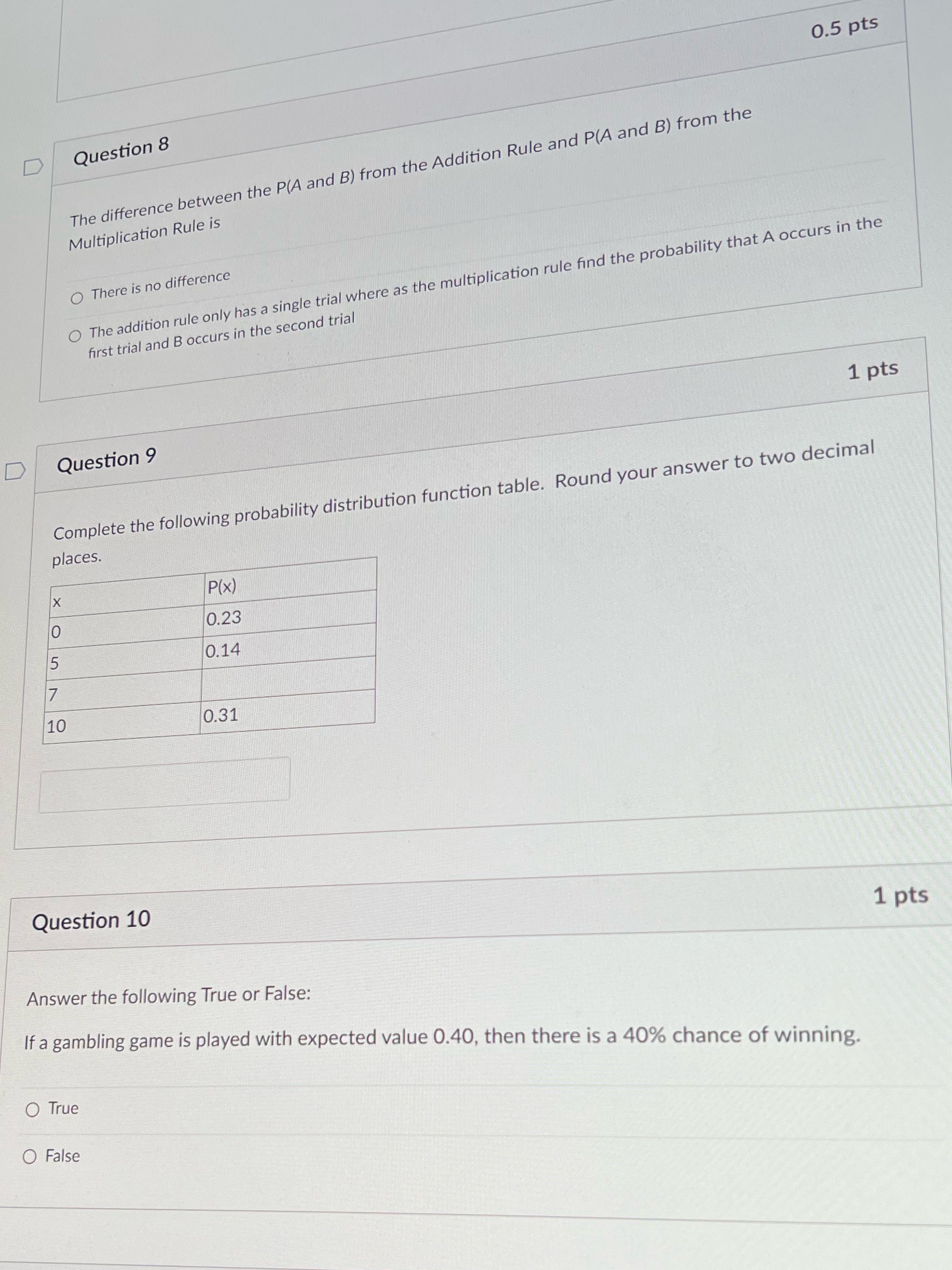 0.5 pts D Question 8 The difference between the P(A and