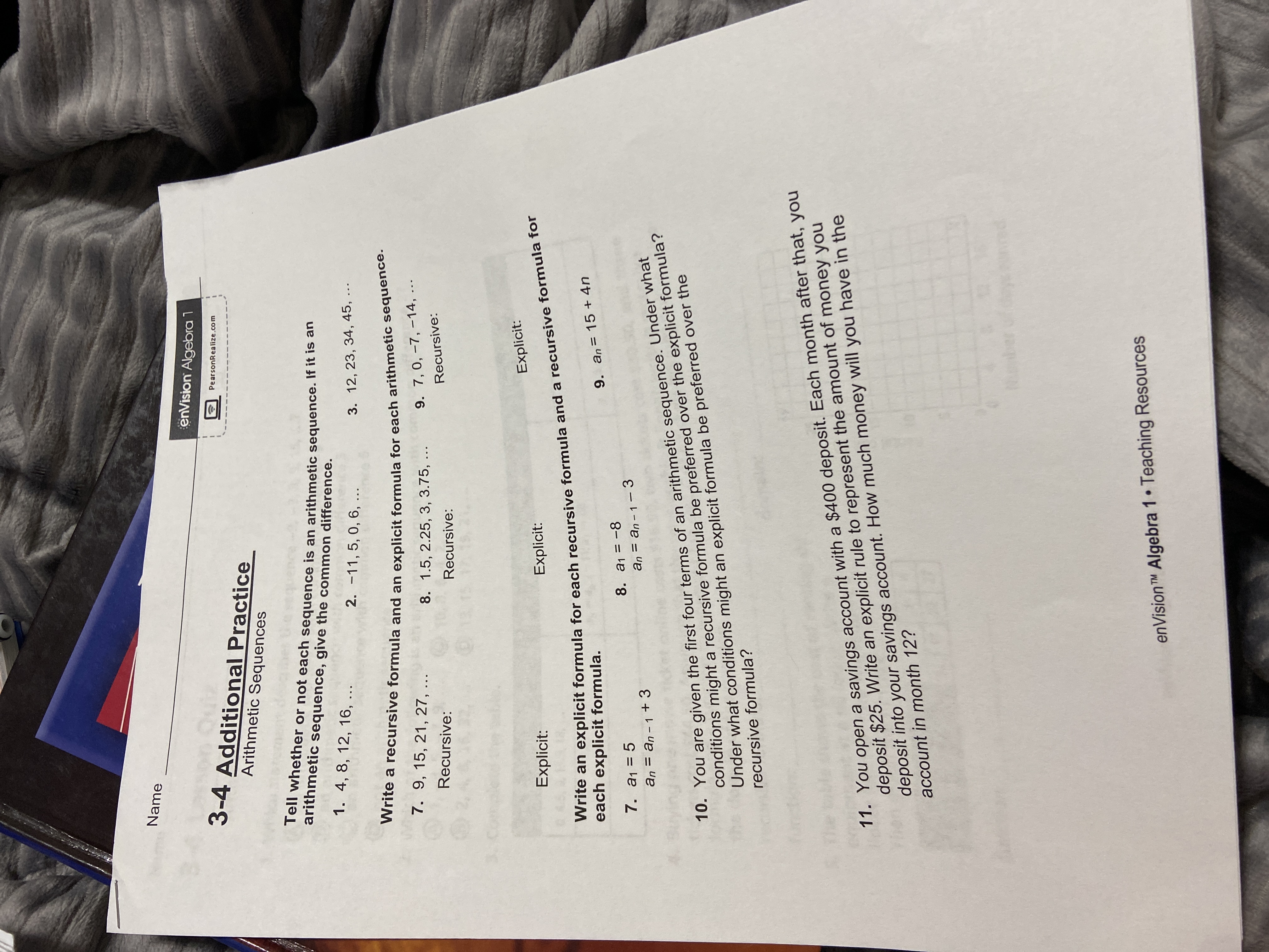 Name enVision Algebra 3-4 Additional Practice PearsonRealize.com Arithmetic Sequences Tell whether