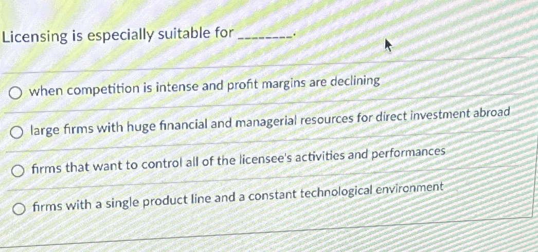 Licensing is especially suitable for when competition is intense and profit