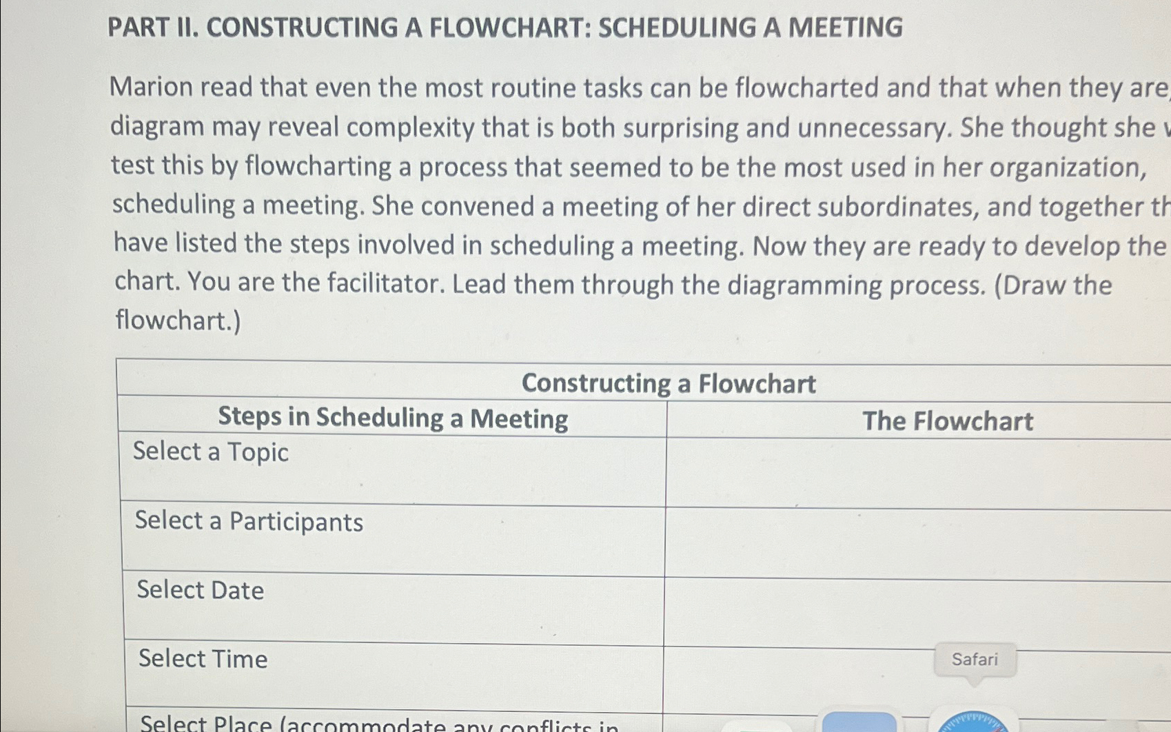  PART II. CONSTRUCTING A FLOWCHART: SCHEDULING A MEETING Marion read that