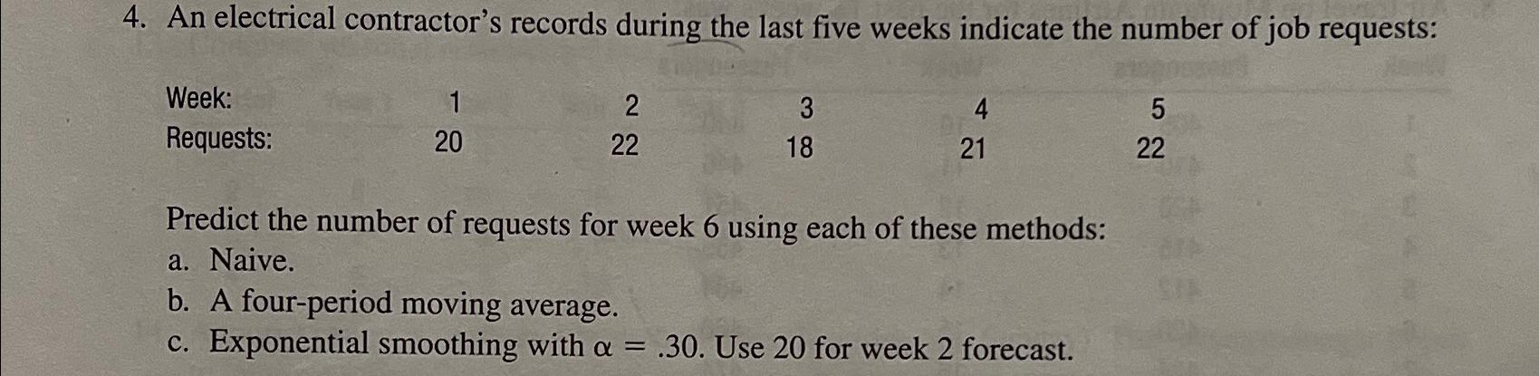  An electrical contractor's records during the last five weeks indicate the