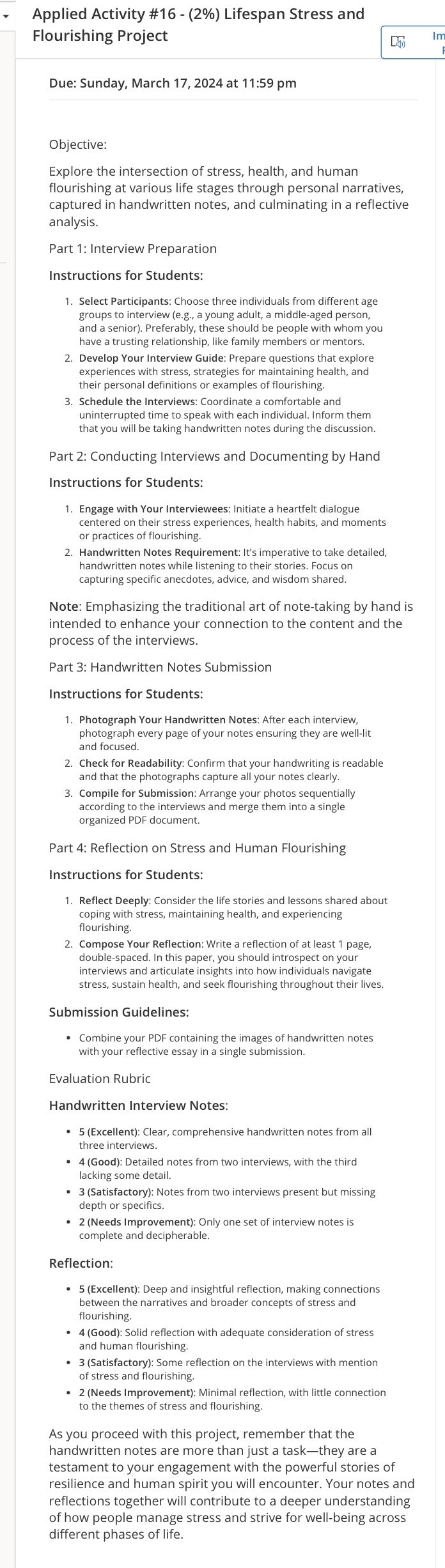  Applied Activity #16-(2%) Lifespan Stress and Flourishing Project Due: Sunday, March