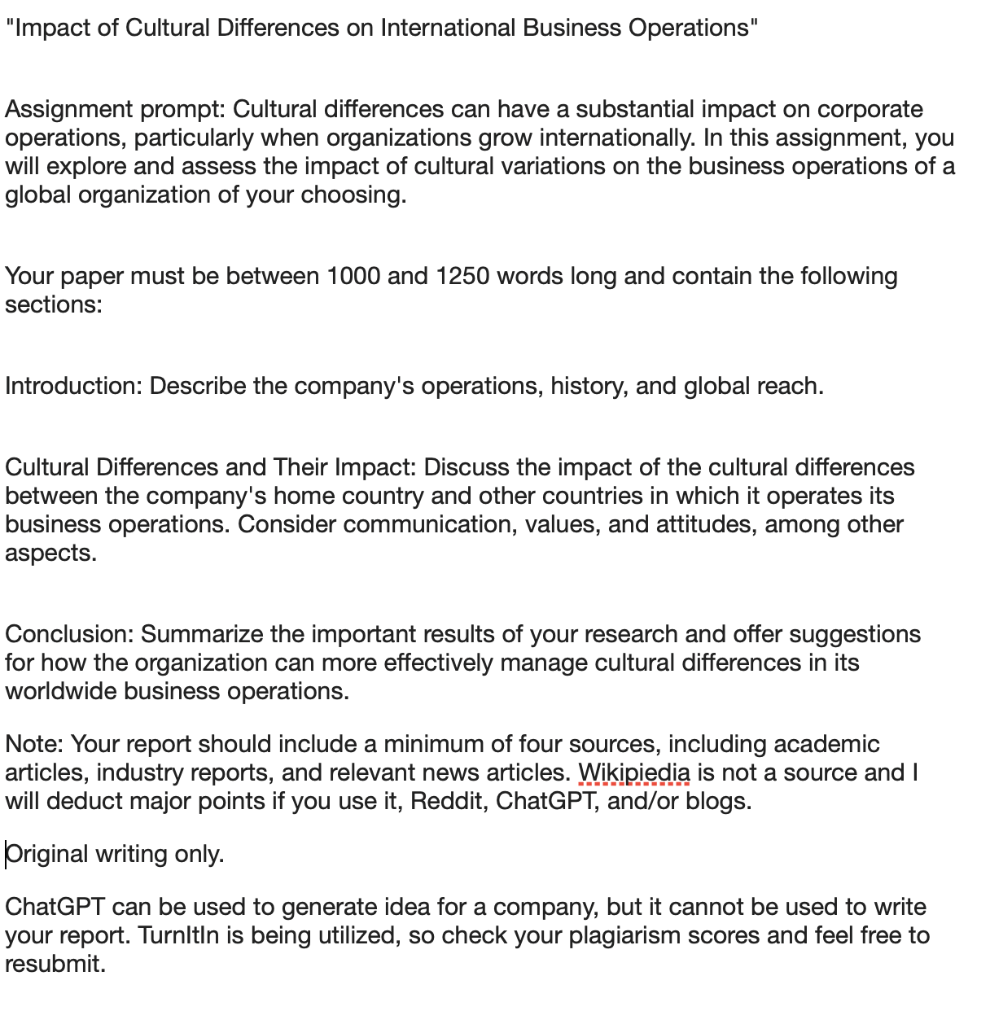  Assignment prompt: Cultural differences can have a substantial impact on corporate