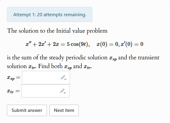 Attempt 1: 20 attempts remaining. The solution to the Initial value