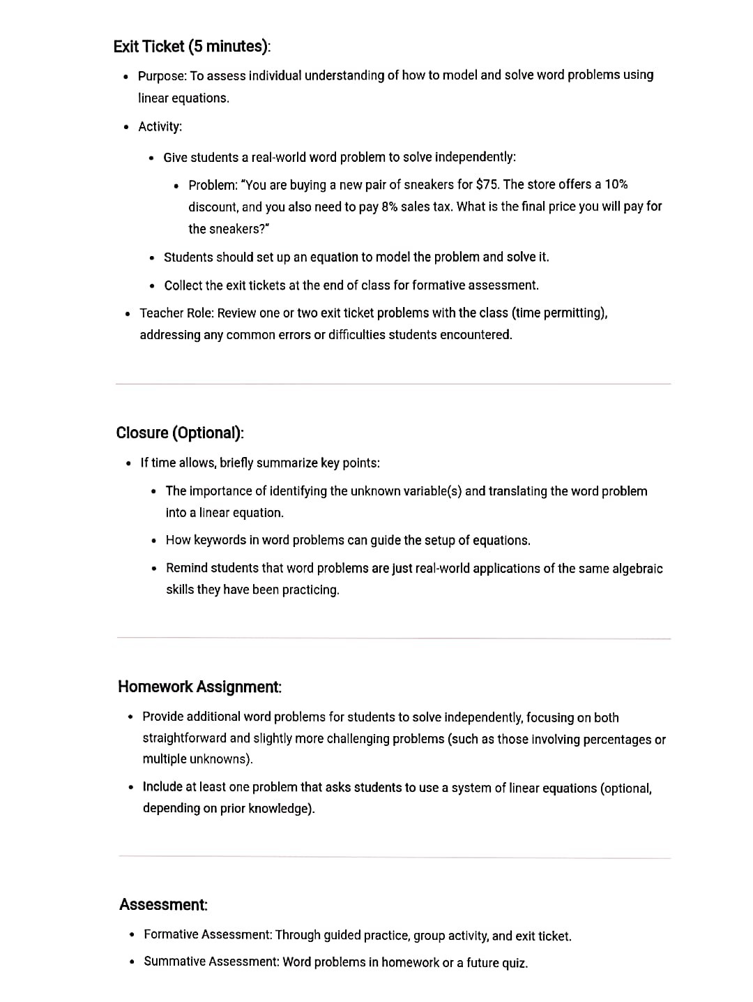 a linear equation.Examples of solving simple one-step and two-step linear equations.Classwork: Solving