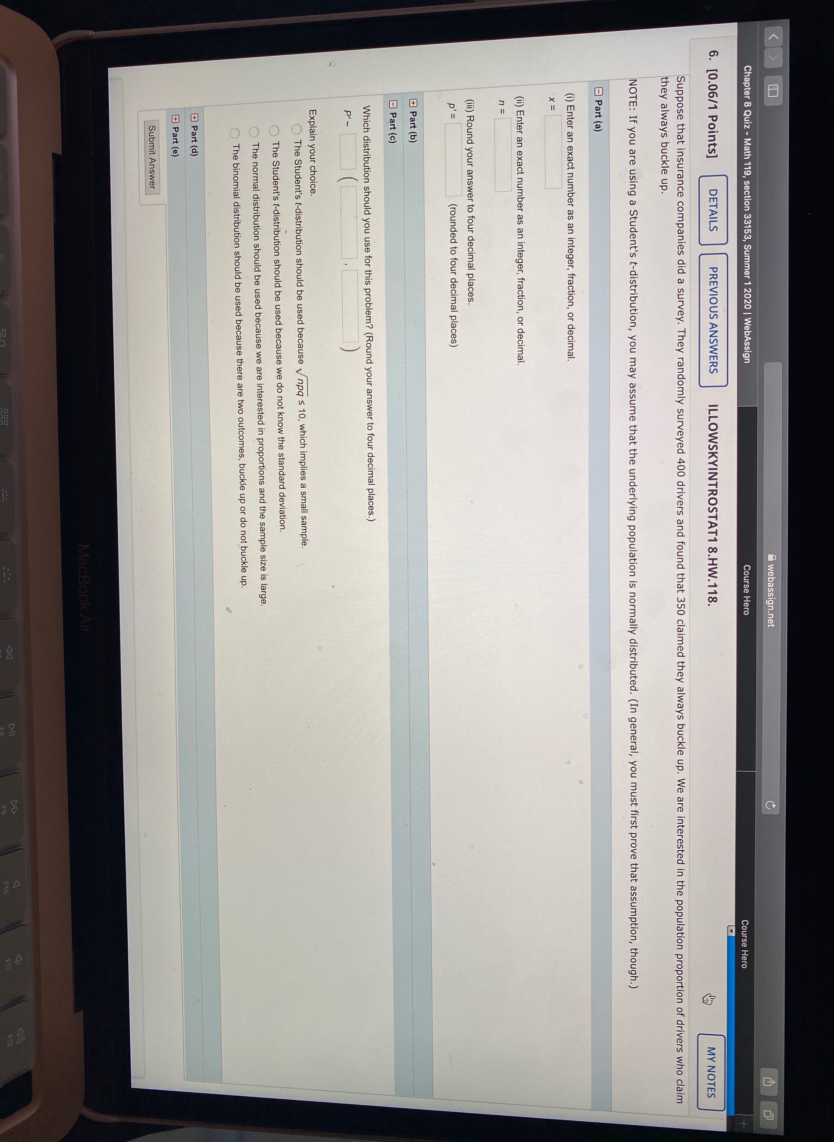 Statistics. webassign.net Chapter 8 Quiz - Math 119, section 33153, Summer 1