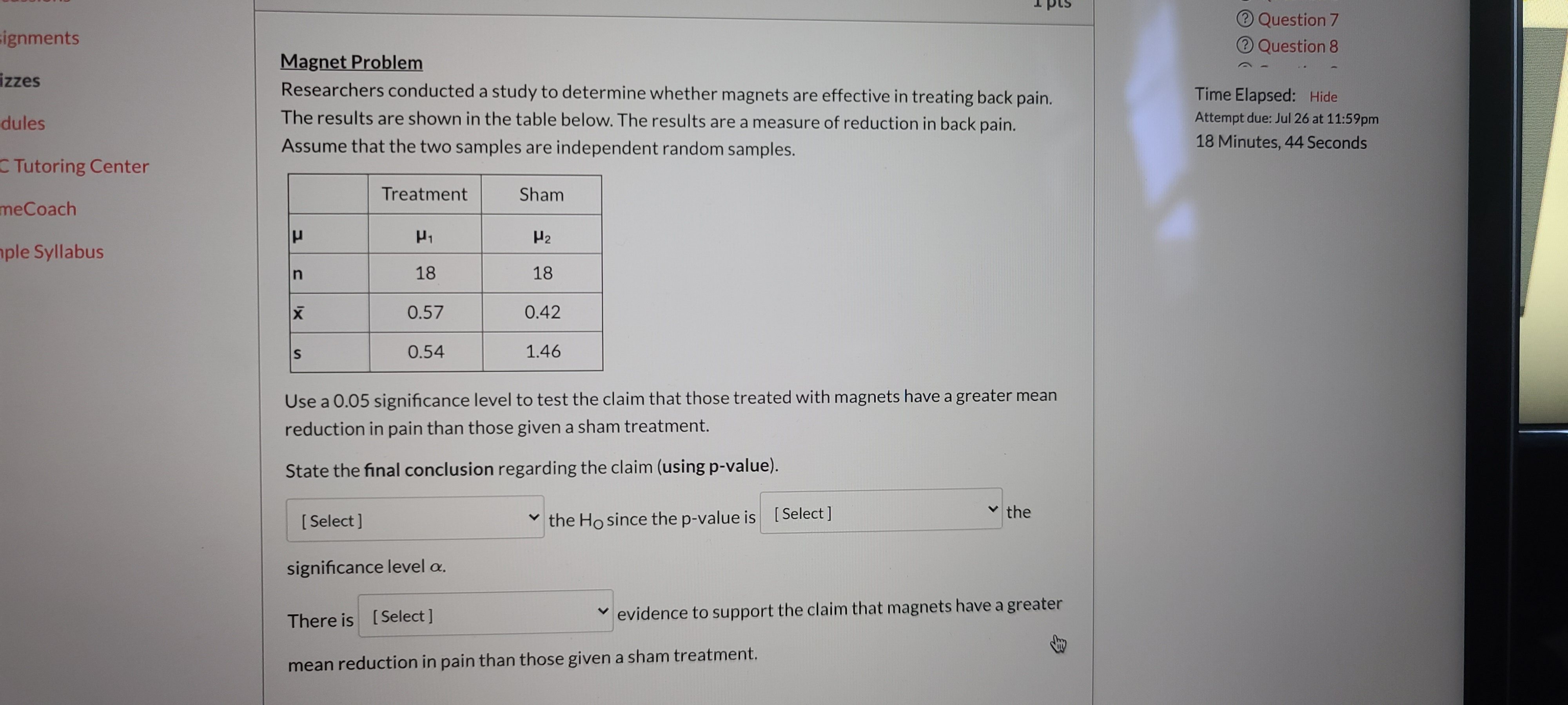 choices are [fail to reject or reject], [greater or less than], [sufficient
