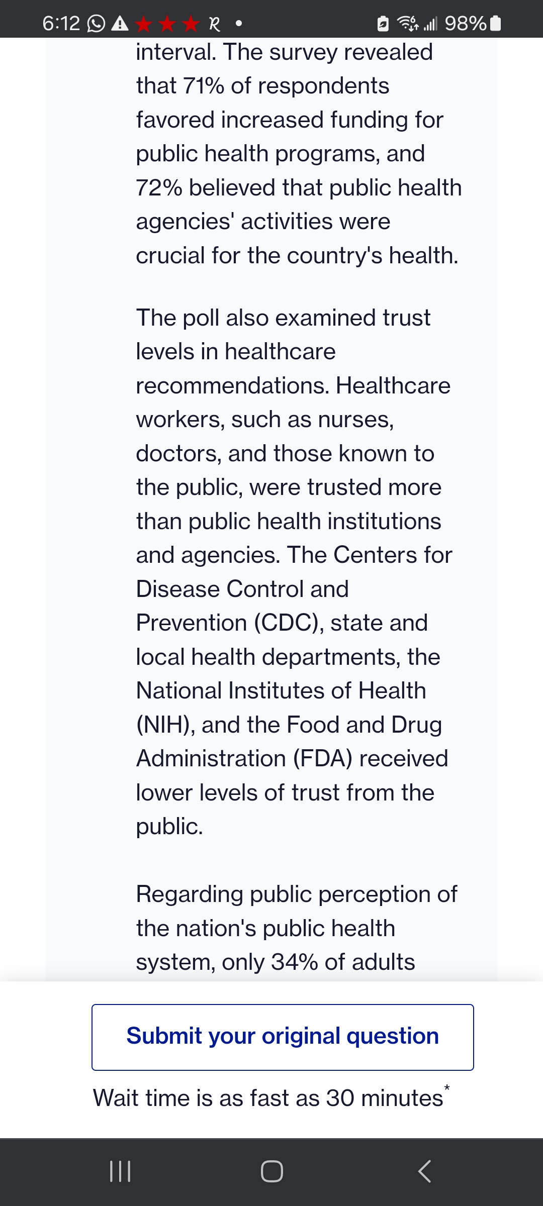 paragraphs below. Reference article: https://www.hsph.harvard.eduews/press- releases/poll-public-supports-substantial- increase-in-spending-on-u-s-public-health- but-has-concerns-about-how-the-system- functions-now/ Step-by-step explanation 1.