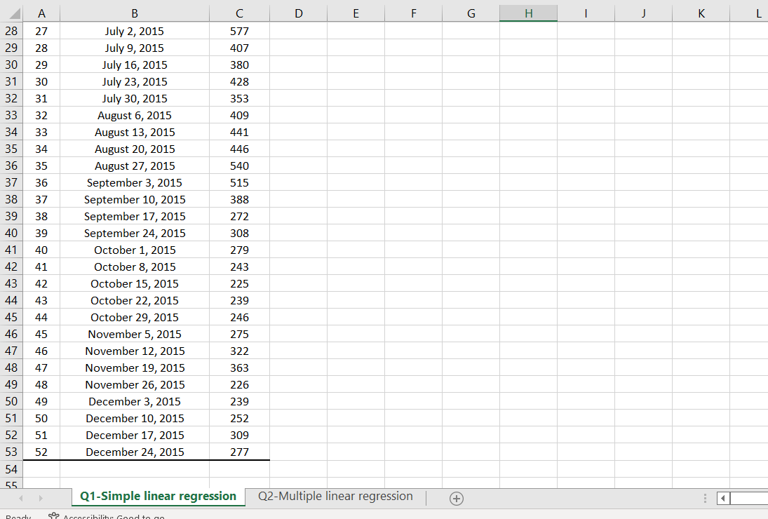 Q1. The excel file "Assignment2_Data.xlsx" includes beer retail sales data (Qc) over