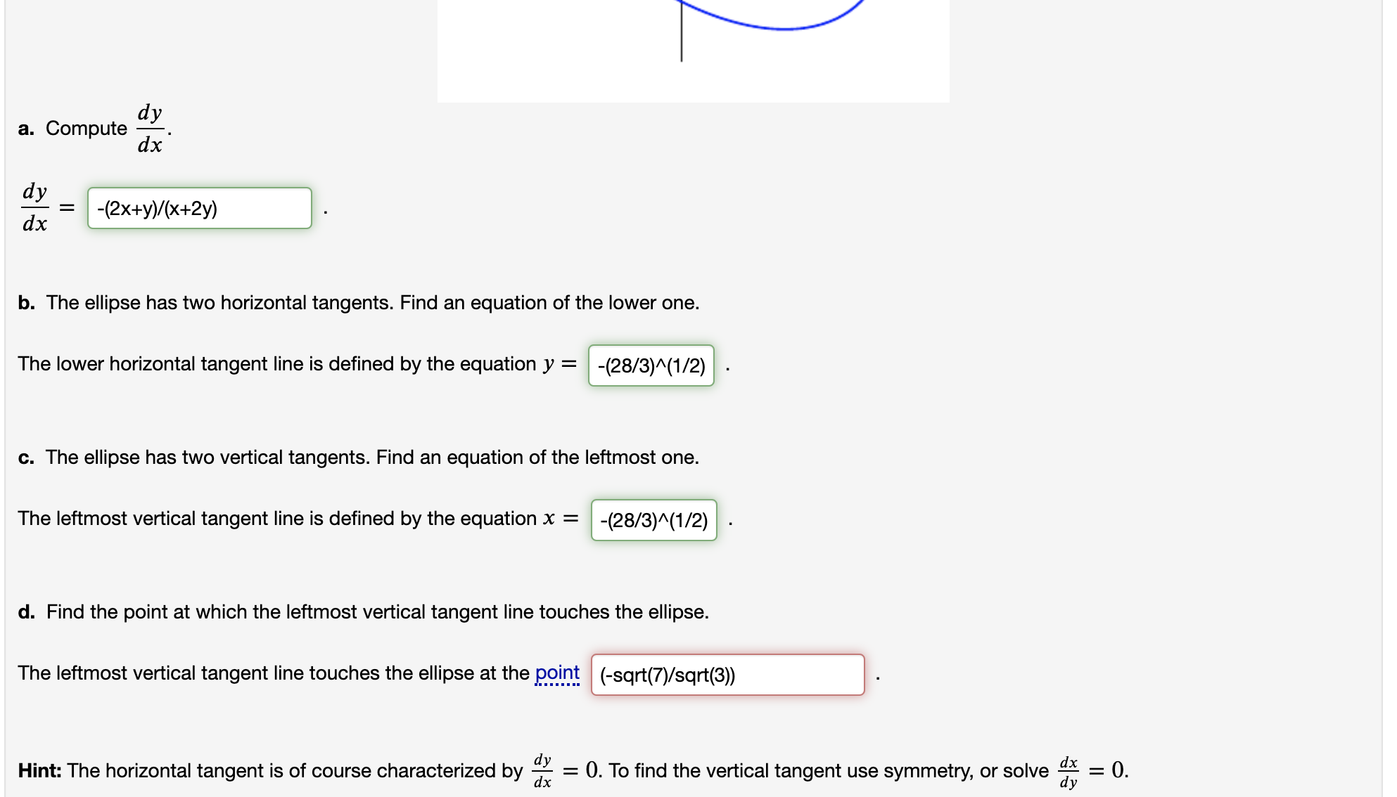 correct. (1 point) For the equation given below, evaluate ay dx at