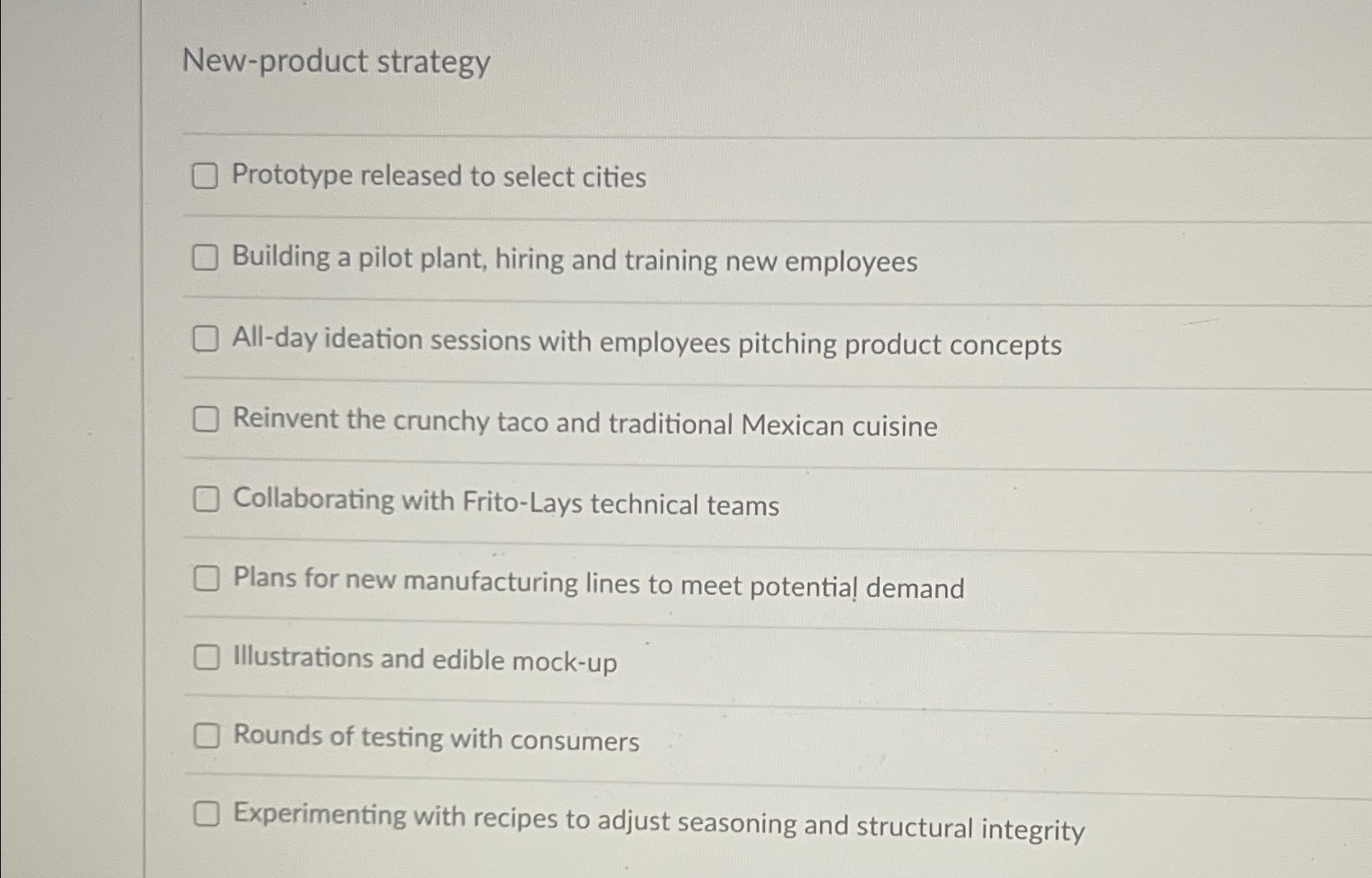  New-product strategy Prototype released to select cities Building a pilot plant,