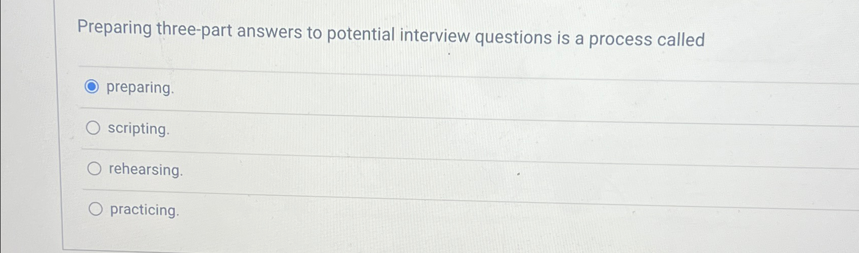  Preparing three-part answers to potential interview questions is a process called
