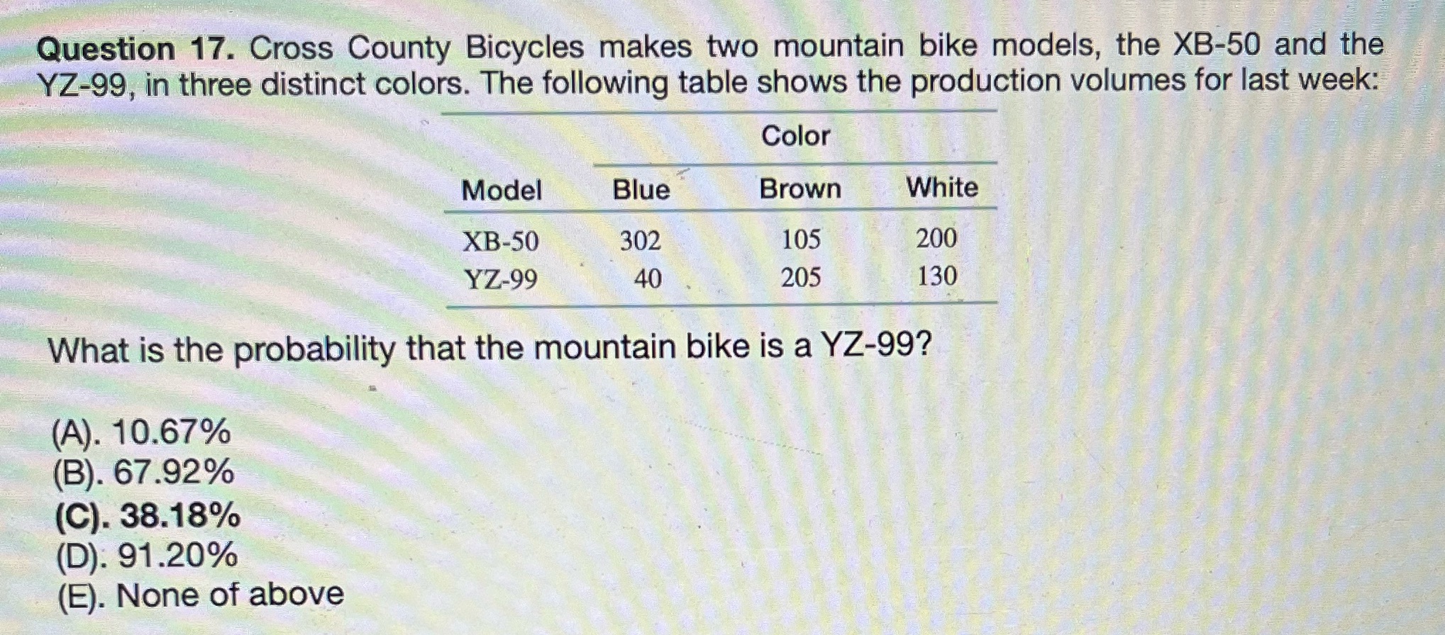 find probability Question 17. Cross County Bicycles makes two mountain bike models,