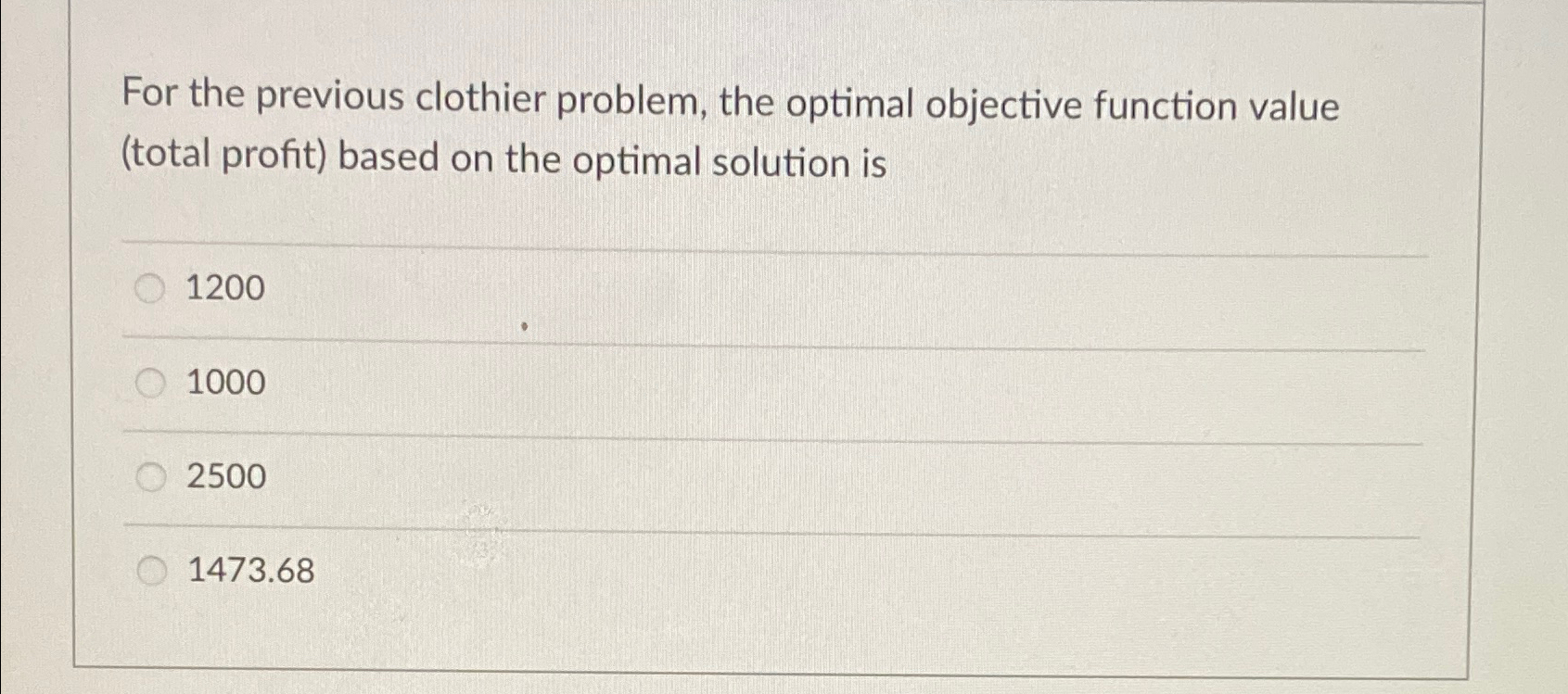  For the previous clothier problem, the optimal objective function value (total