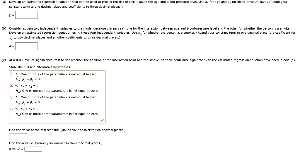 three decimal places.) y^= State the null and alternative hypotheses. H0 :