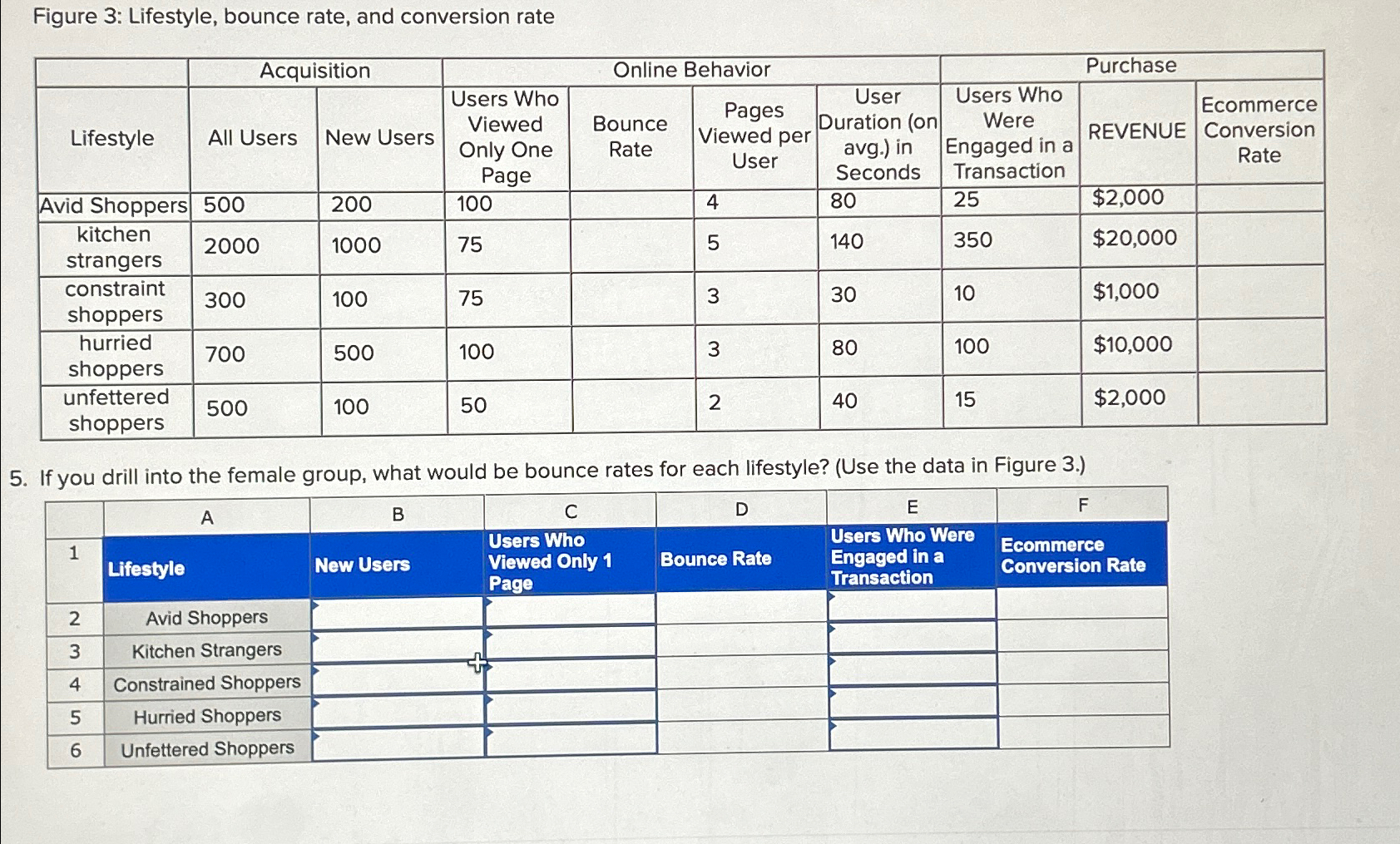  Figure 3: Lifestyle, bounce rate, and conversion rate \table[[,Acquisition,Online Behavior,Purchase],[Lifestyle,All Users,New