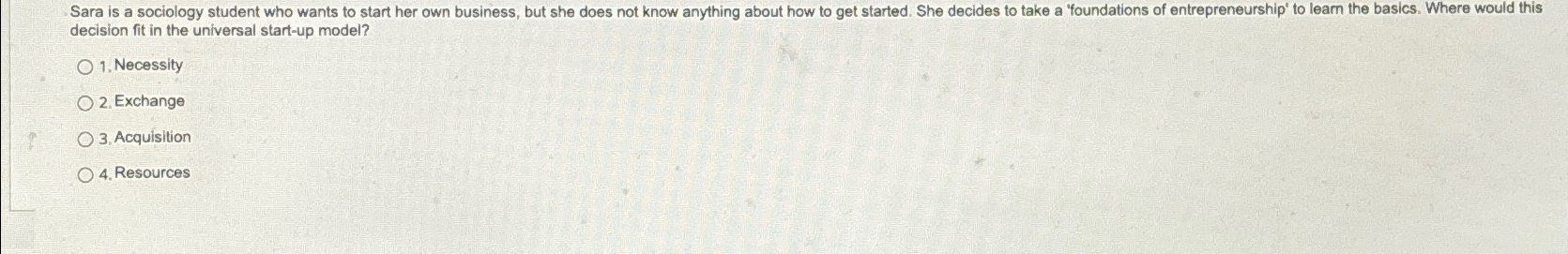  decision fit in the universal start-up model? Necessity Exchange Acquisition Resources