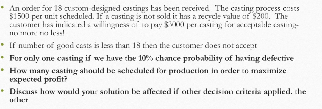  An order for 18 custom-designed castings has been received. The casting