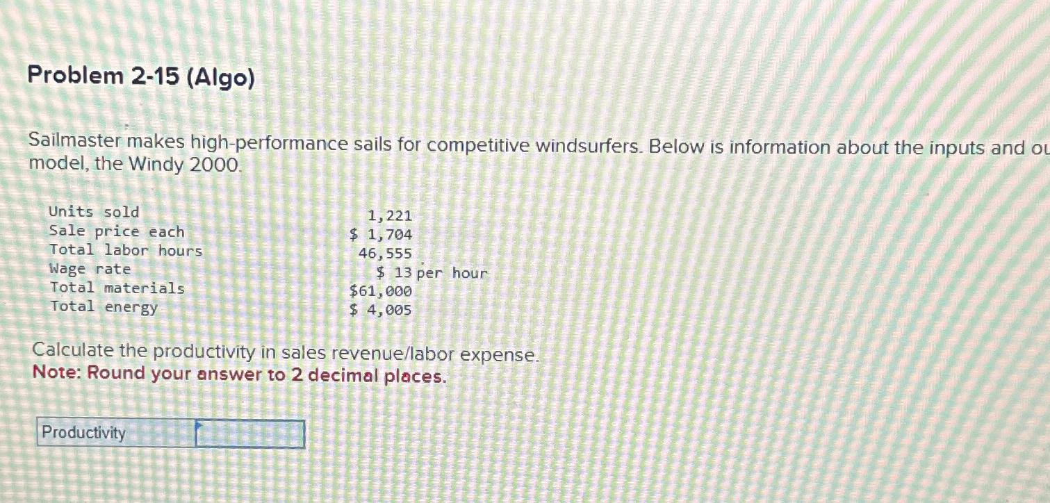  Problem 2-15(Algo) Sailmaster makes high-performance sails for competitive windsurfers. Below is