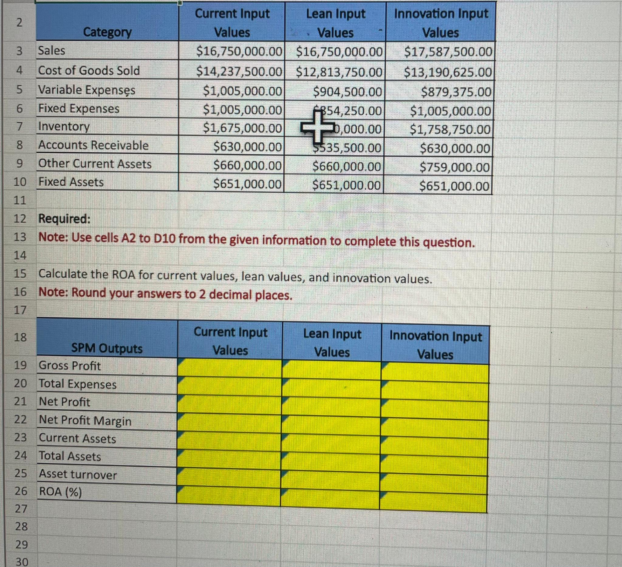  \table[[,Category,\table[[Current Input],[Values]],\table[[Lean Input],[Values]],\table[[Innovation Input],[Values]]],[,Sales,$16,750,000.00,$16,750,000.00,$17,587,500.00 