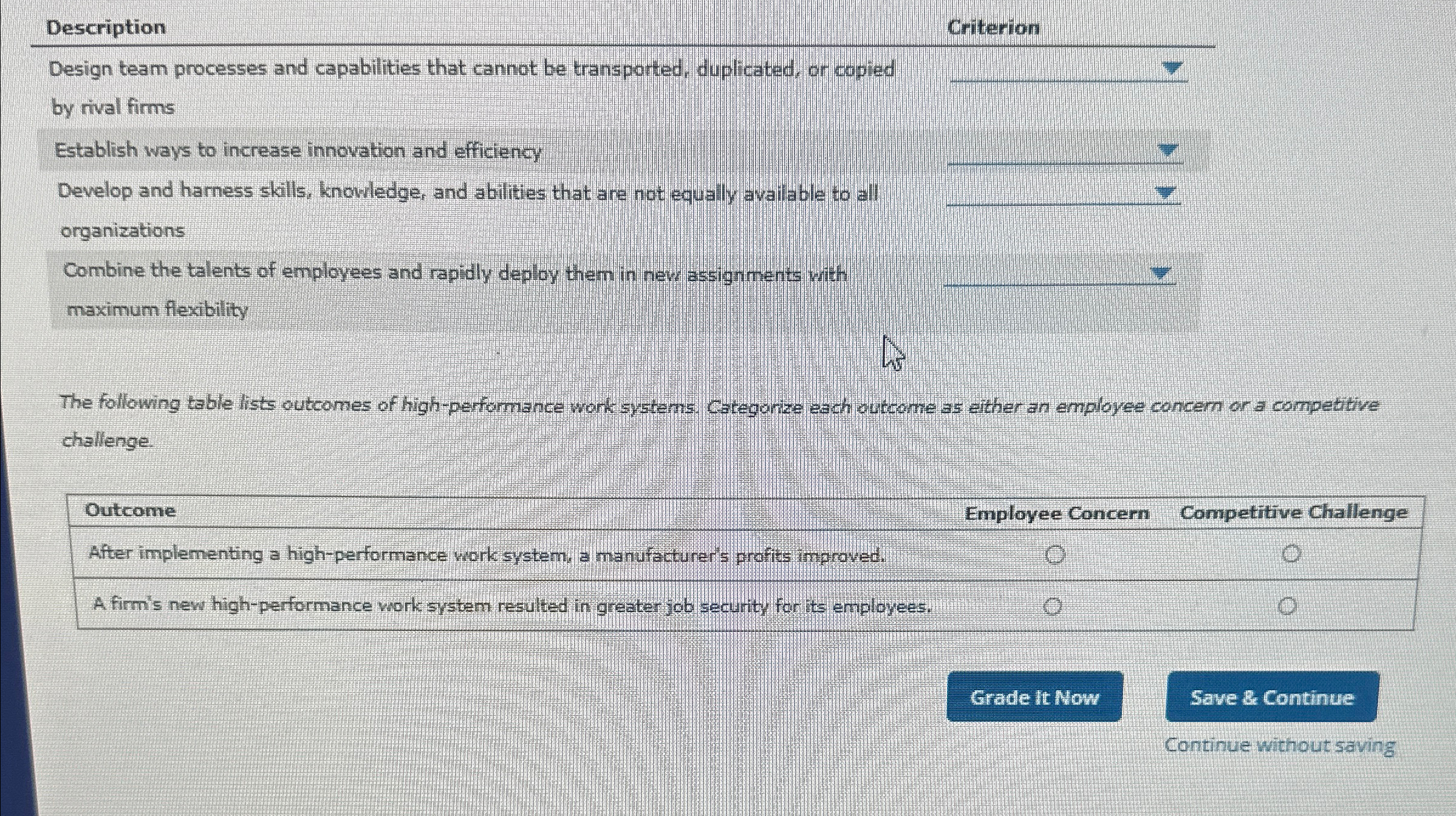  Description Criterion Design team processes and capabilities that cannot be transported,
