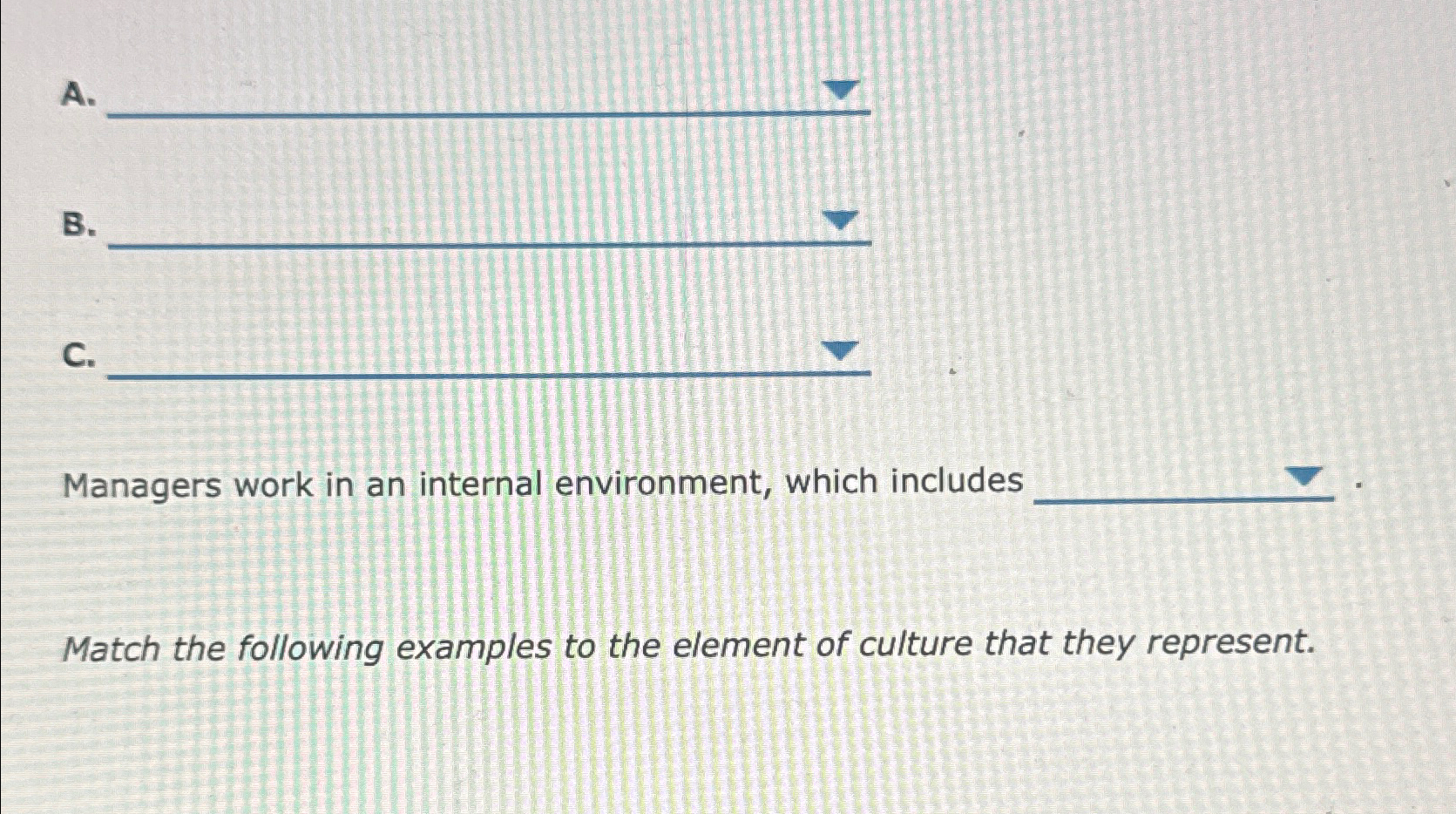  A. B C Managers work in an internal environment, which includes