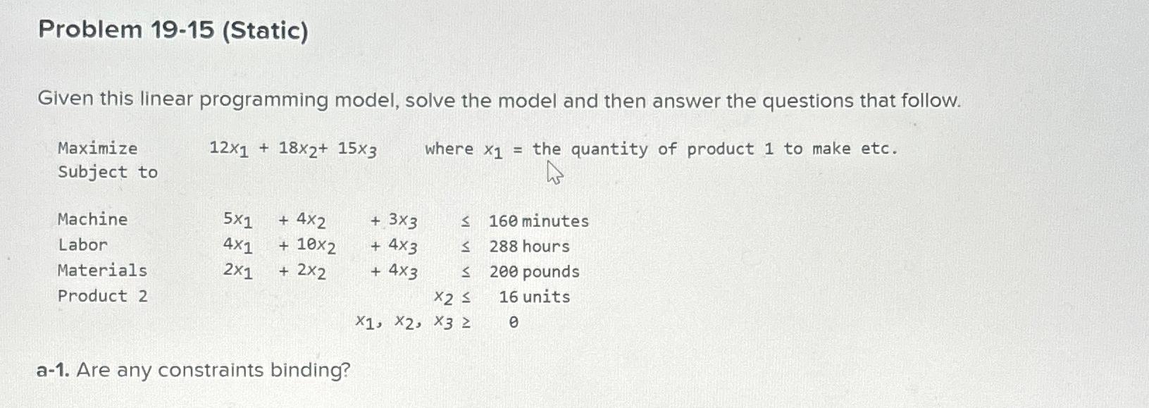  Problem 19-15(Static) Given this linear programming model, solve the model and