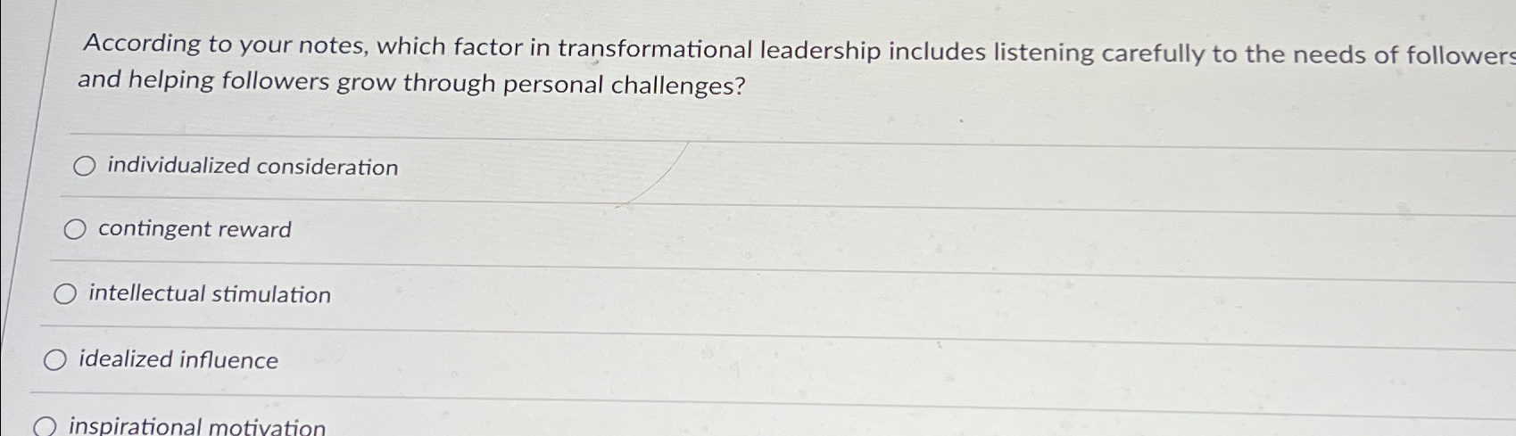  According to your notes, which factor in transformational leadership includes listening