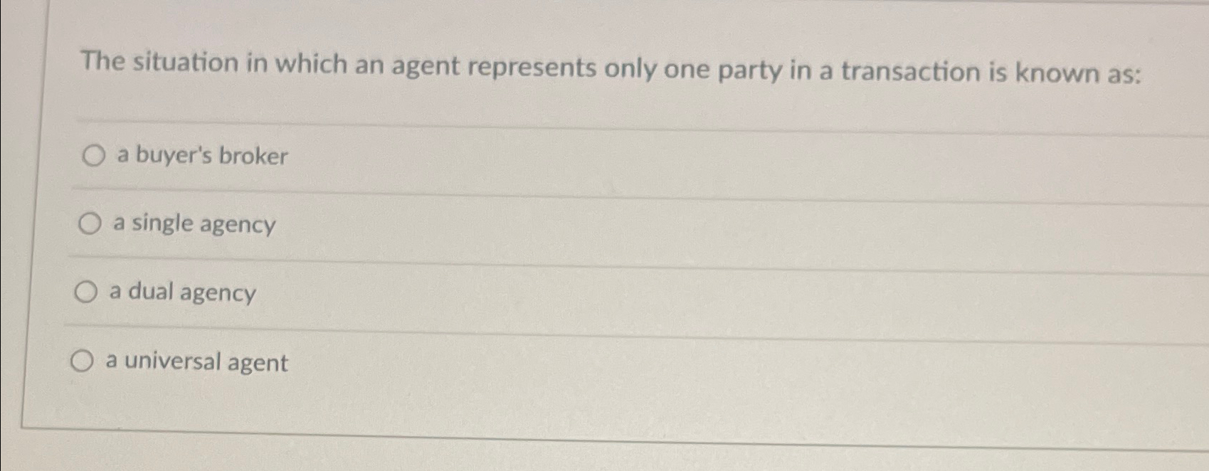  The situation in which an agent represents only one party in