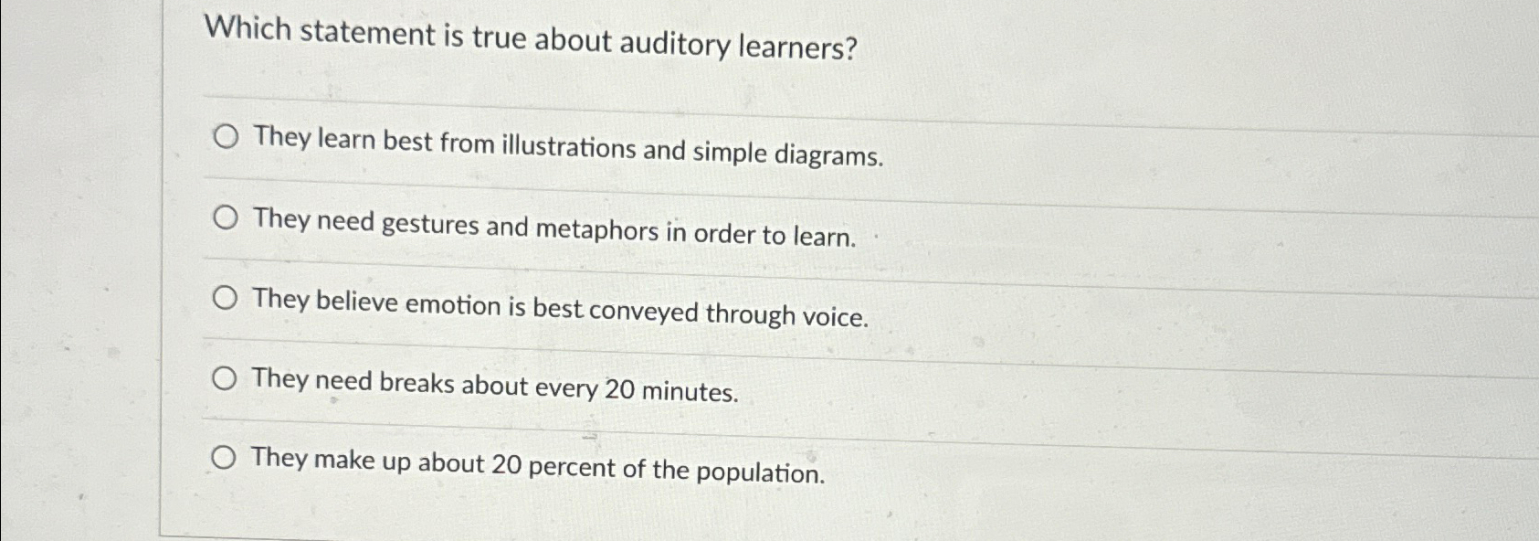  Which statement is true about auditory learners? They learn best from