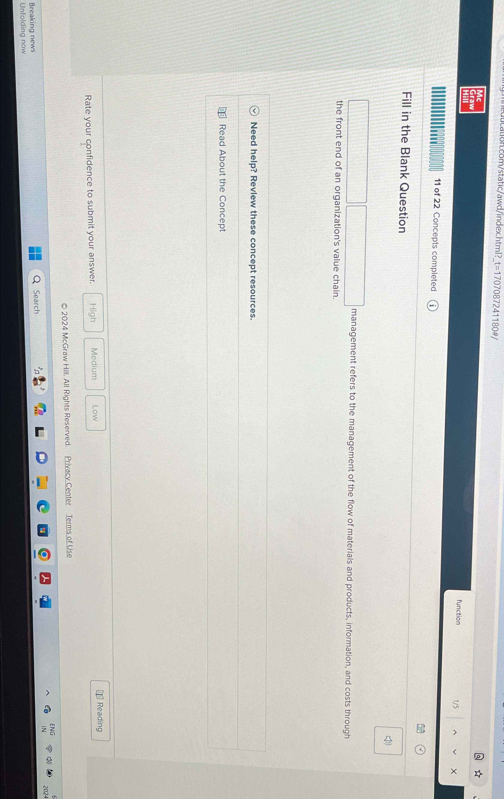  Mc Graw function 15 11 of 22 Concepts completed (i) Fill