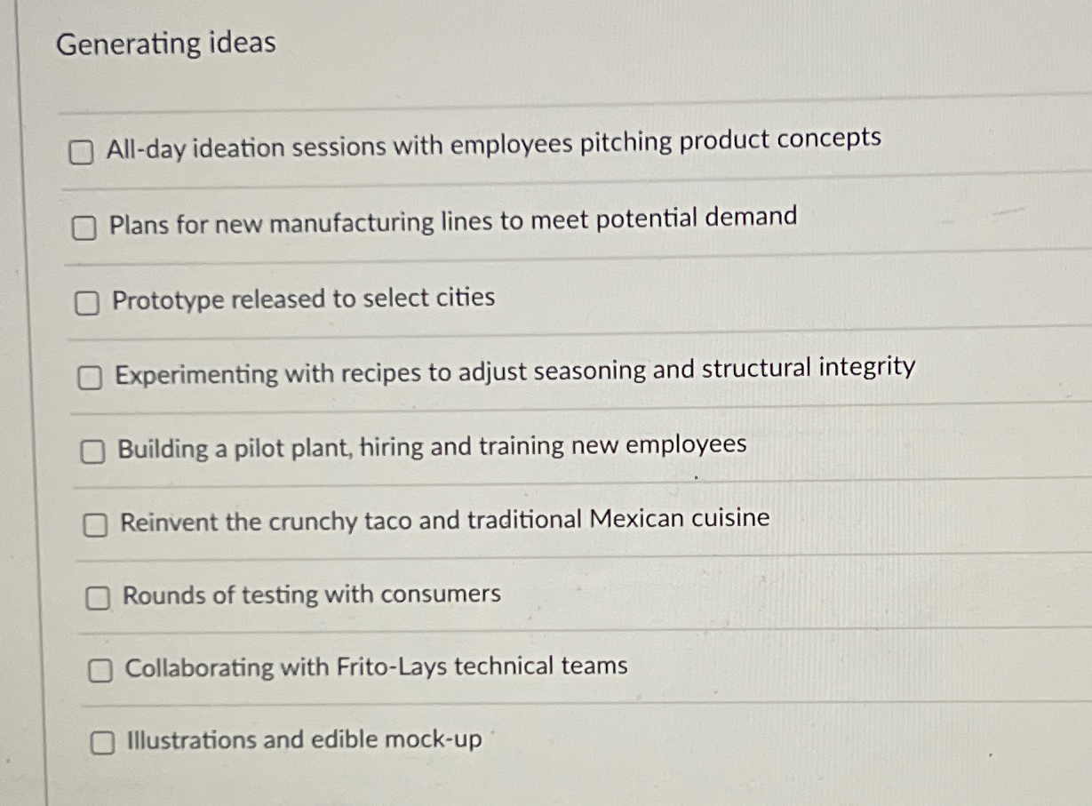  Generating ideas All-day ideation sessions with employees pitching product concepts Plans