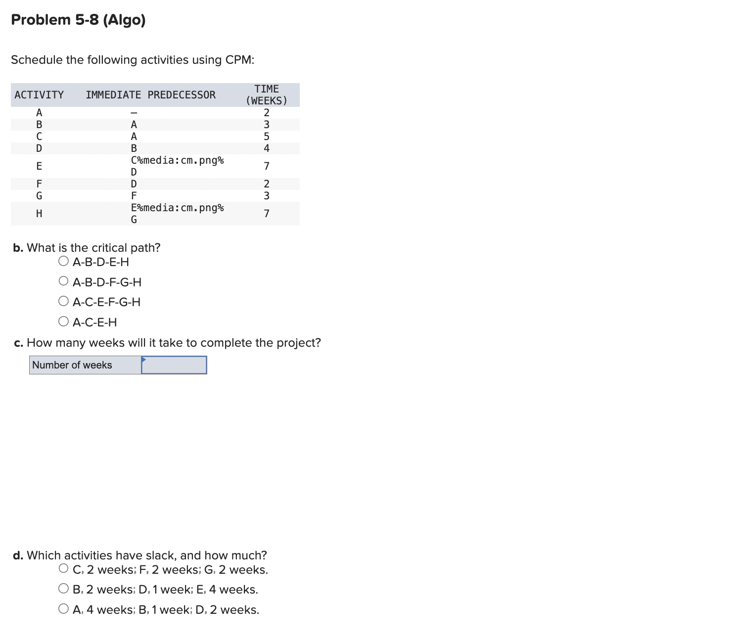  Problem 5-8(Algo) Schedule the following activities using CPM: b. What is