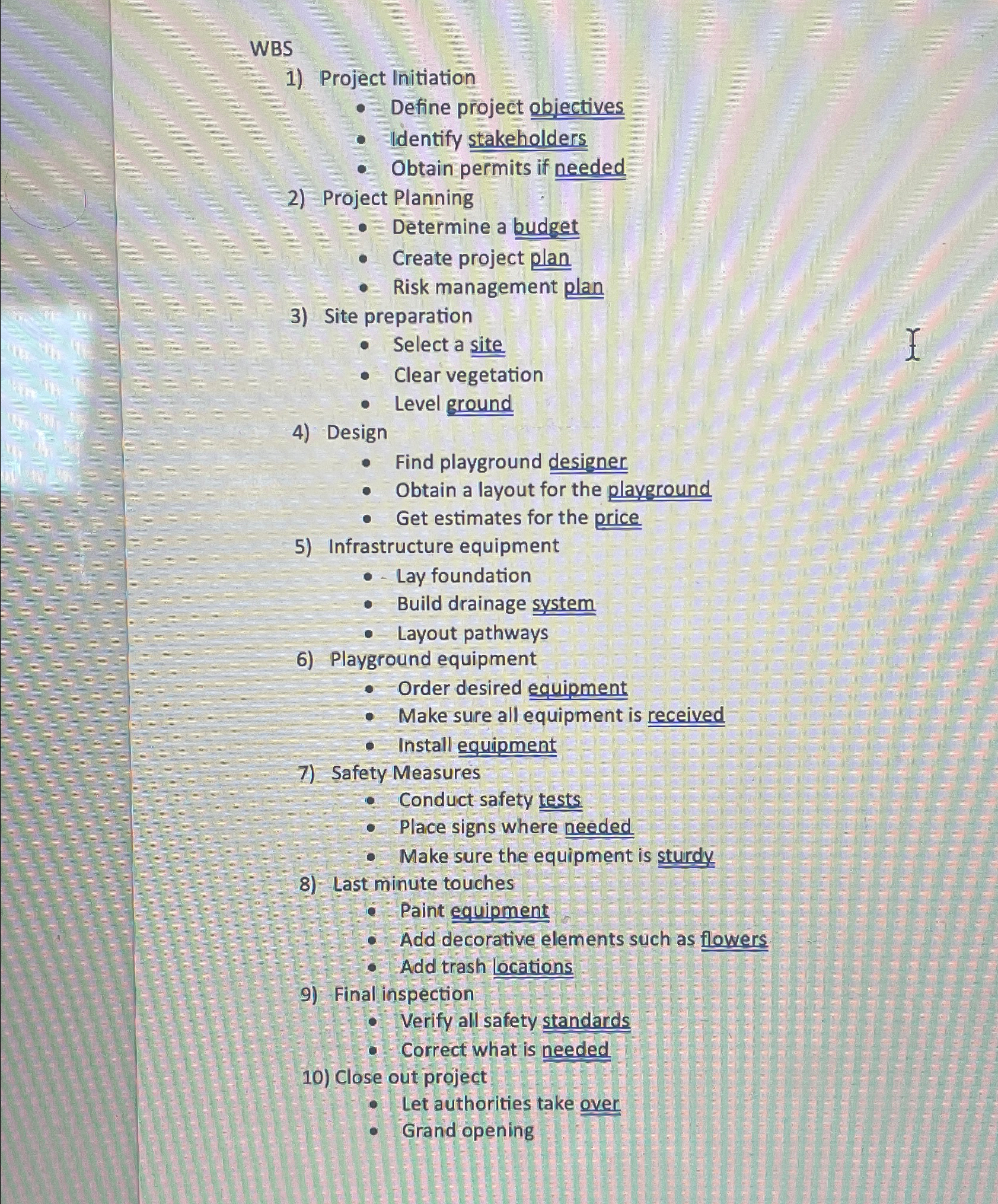  WBS Project Initiation Define project objectives Identify stakeholders Obtain permits if