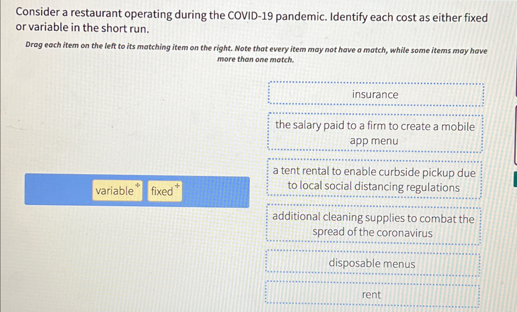 Consider a restaurant operating during the COVID-19 pandemic. Identify each cost