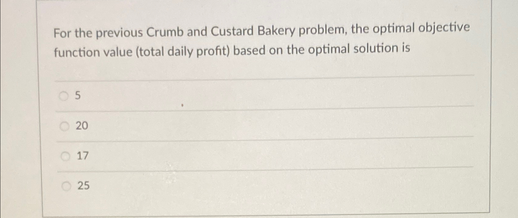  For the previous Crumb and Custard Bakery problem, the optimal objective