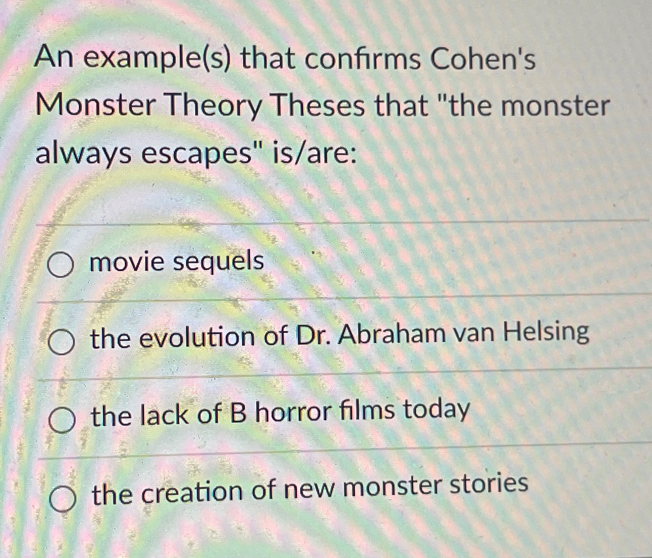  An example(s) that confirms Cohen's Monster Theory Theses that "the monster
