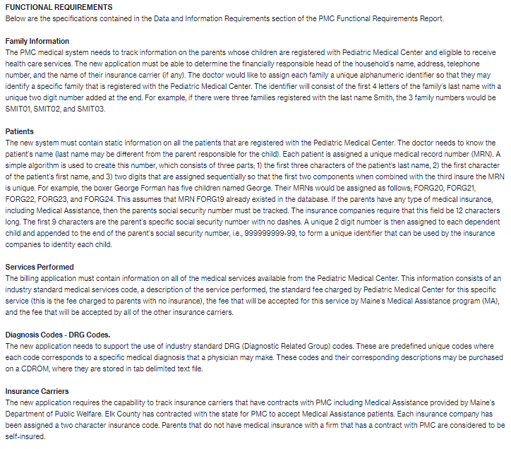 section of the PMC Functional Requirements Report. Family Information The PMC medical