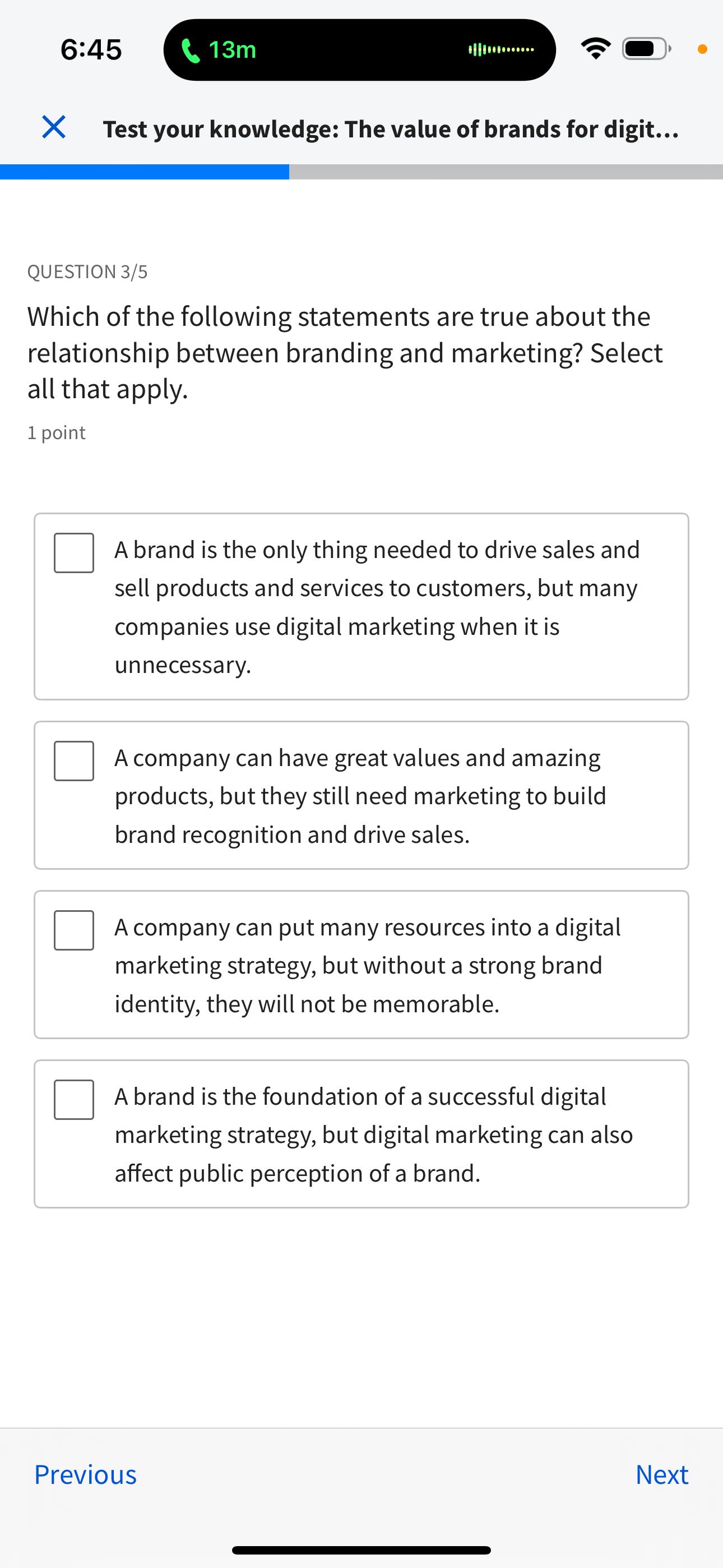  6:45 13m Ithon....... Test your knowledge: The value of brands for