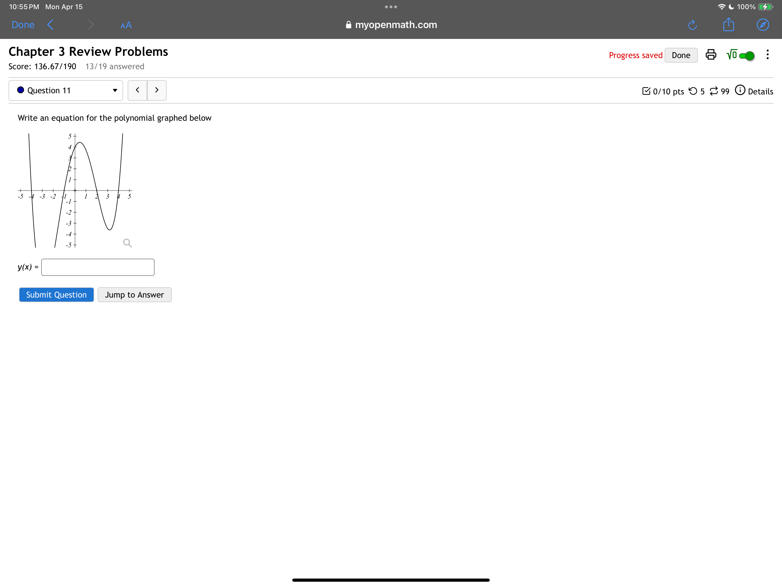 is the least possible degree of the polynomial graphed above? Submit Question