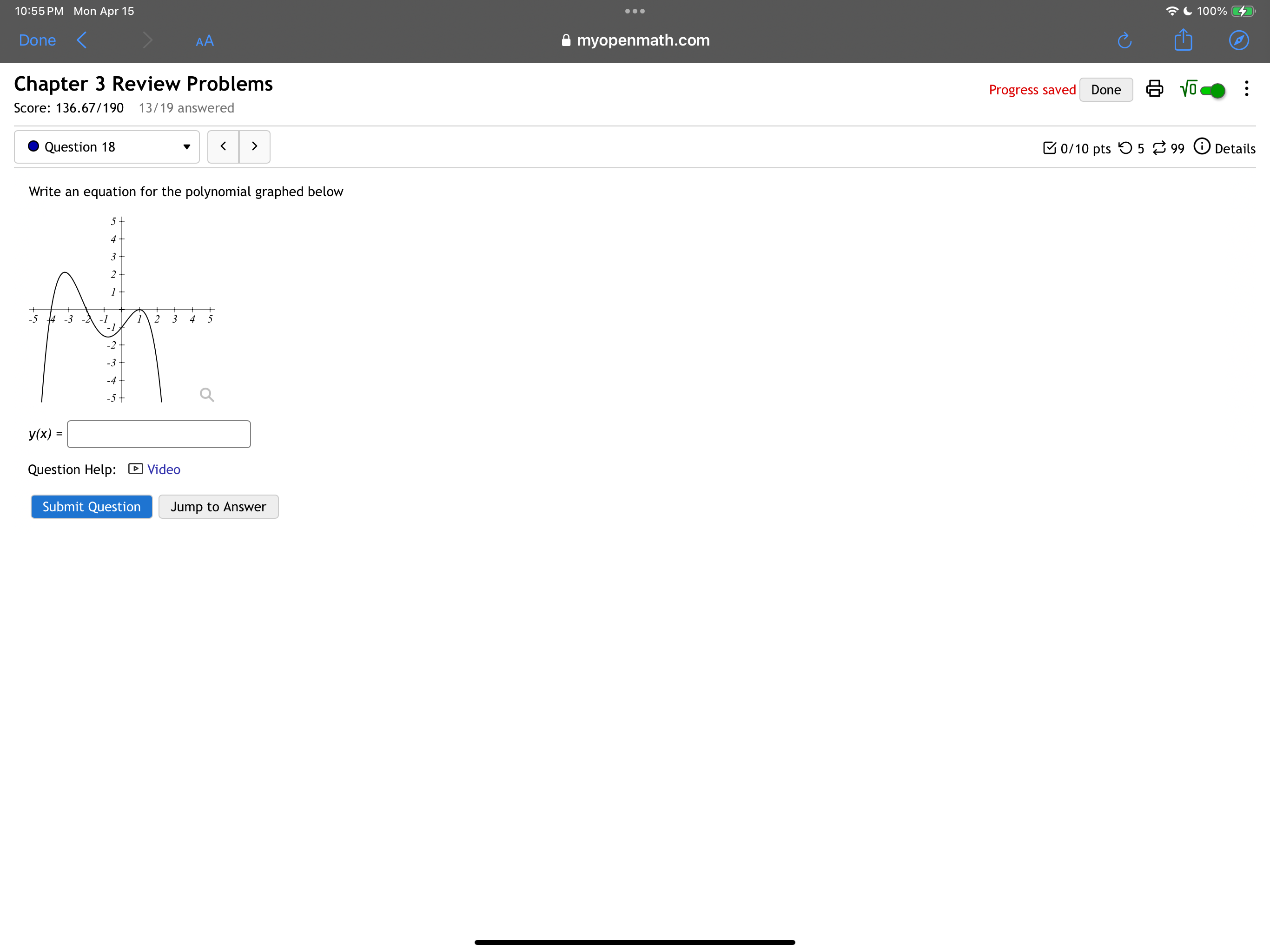 AA myopenmath.com C Chapter 3 Review Problems Progress saved Done Voce Score: