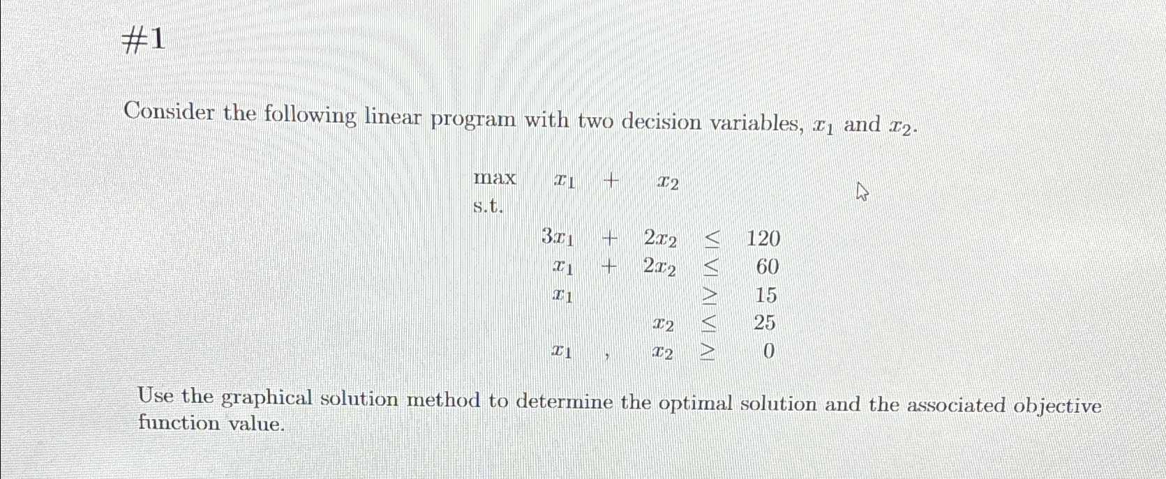  #1 Consider the following linear program with two decision variables, x1